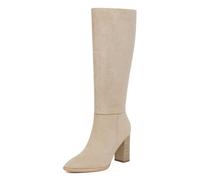 Easyfox Knee High Boots for Women Pointed Toe Chunky Heel Tall Boots, Beige, 3 UK