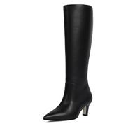 Easyfox Knee High Boots for Women Pointed Toe Kitten Low Heel Tall Boots Faux Leather Fall Long Boots Side Zipper, Black Pu, 3 UK