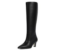 Easyfox Knee High Boots for Women Pointed Toe Kitten Low Heel Tall Boots Faux Leather Fall Long Boots Side Zipper, Black Pu, 5.5 UK