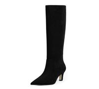 Easyfox Knee High Boots for Women Pointed Toe Kitten Low Heel Tall Boots Faux Leather Fall Long Boots Side Zipper, Black Suede, 8 UK