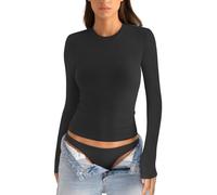 EasyGala Womens Cotton Long Sleeve Shirts Crew Neck Fitted Basic Going Out Outfits Undershirt Spring Fall Clothes 2025, True Black, L