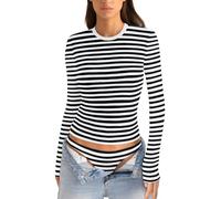 EasyGala Womens Cotton Long Sleeve Shirts Crew Neck Slim Fit Basic Going Out Crop Outfits for Spring Fall 2025, Black White Stripe, XS