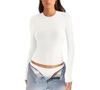 EasyGala Womens Cotton Long Sleeve Shirts Crew Neck Slim Fit Basic Going Out Crop Outfits for Spring Fall 2025, True White, L