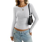 EasyGala Womens Cotton Long Sleeve Shirts Wide Round Neck Fitted Tops Basic Going Out Crop Outfits Fall Undershirts 2026, Light Heather Grey, M