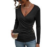 EasyGala Women's Long Sleeve Shirts Deep V Neck Tops Wrap Blouses Ruched Tops Slim Fit Button Detail Blouse Dressy Casual, A Black, L