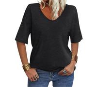 EasyGala Women's V Neck Tops Elbow Length Shirts Loose Fit Summer Tops Basic Tees, A Black (Elbow Sleeve), L