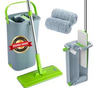 Mop and Bucket Set - Easy Gleam Floor Flat Mop with 2-Chamber Bucket - Microfibre Pads and Stainless Steel Handle - Compact and Lightweight for Efficient Cleaning - Green