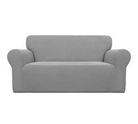 EasyGoing Stretch Couch Cover 1 Piece Furniture Protector Soft Elastic Bottom for Kids Polyester Spandex Jacquard Fabric Fine Plaid Loveseat Light Grey