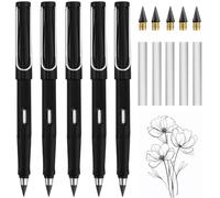 EASYKEENECOM Everlasting Infinity Pencil, 6pcs Reusable Inkless Pencil Set with Eraser and Replacement Nibs for Writing, Drawing, Students & Home Office (Black)