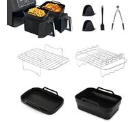 Easyki Foldable Silicone Liners 8 PCS Dual Air Fryer Accessories for Ninja AF300UK AF400UK & Tower T17088, Reusable Air Fryer Silicone Liners Gloves Food Clip, Dehydrator Rack with 4 Skewers Oil Brush