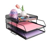 EasyOFC 2-Tier Mesh in Trays Desk Organiser,Office File Holder with Stationery Storage Paper Document Letter Organiser with Top Stationery Holder,Black