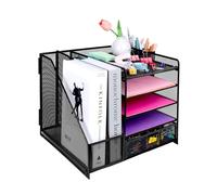 EasyOFC Desktop File Organiser, 5-Tier Paper Letter Tray Desk Organiser,Mesh Storage with Drawer, 2 Pen Holders, Magazine Holder for Office Supplies,Black