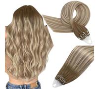 Easyouth Balayage Micro Ring Hair Extensions Ombre Human Hair Micro Beads Hair Extensions Real Human Hair Dark Brown to Light Brown and Medium Blonde Microlink Human Hair Extension 100g/100s