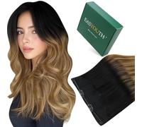 Easyouth Balayage Wire Hair Extensions Ombre Black Fish Line Hair Extensions Black to Brown and Blonde Invisible Hair Extensions Wire Human Hair 16 Inch 80g