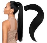 Easyouth Black Ponytail Extension Human Hair Jet Black Wrap Around Pony Tail Hair Extensions Straight Human Hair Ponytail Extension 20 Inch 80g #1