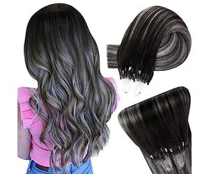 Easyouth Ombre Micro Ring Hair Extensions Real Human Hair Balayage Micro Beads Hair Extensions Real Hair Dip Dye Black to Silver Micro Link Human Hair Extensions 20 Inch 50g/50s