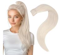 Easyouth Ponytail Hair Extensions Blonde Pony Tails Hair Extensions Human Hair Platinum White Blonde Wrap Around Ponytail Human Hair Straight Easy to Wear #1000 16Inch 80g