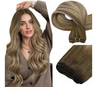 Easyouth Weft Hair Extensions Brown Ombre 20 Inch Weft Hair Extensions Real Human Hairs Medium Darkbrown Balayage Light Brown and Blonde Reinforced Edges Cuttable Design #3/8/22 100g