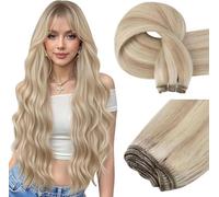 Easyouth Weft Human Hair Extensions Blond Weft Hair Extensions Human Hair Ash Blonde Highlight Bleach Blonde Sew in Hair Extensions Real Hair Blend Natural 16Inch 100g #18P613