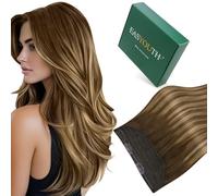 Easyouth Wire Hair Extensions Real Human Hair Brown Balayage Wire Extensions Human Hair Ombre Brown to Honey Blonde Secret Fish Line Hair Extensions Real Hair 14 Inch 70g