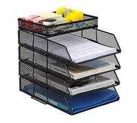 EasyPAG 4 Tier A4 Mesh in Trays Stackable Office Desk Tidy File Holder Magazine Storage Paper Document Letter Organiser with Top Stationery Holder,Black