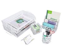EasyPAG 5-Piece Desk Organizer Set with Carved Floral Design - No Assembly Stackable 2-Tier File Tray, Letter Sorter, Pen & Card Holders for Office/Home/Dorm, White