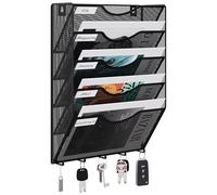 EasyPAG 5 Pocket Metal Wall File Holder Organizer Hanging Magazine Rack with Key Holder Hooks, Black
