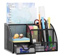 EasyPAG Desk Tidy Stationery Organiser Pen Holder with Drawer,Black | Metal Mesh,Home and Office,Desktop,Sticky Note Storage
