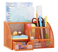 EasyPAG Desk Tidy Stationery Organiser Pen Holder with Drawer,Orange | Metal Mesh,Home and Office,Desktop,Sticky Note Storage