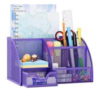 EasyPAG Desk Tidy Stationery Organiser Pen Holder with Drawer,Purple | Metal Mesh,Home and Office,Desktop,Sticky Note Storage
