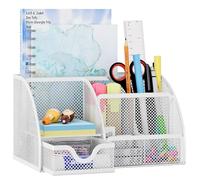 EasyPAG Desk Tidy Stationery Organiser Pen Holder with Drawer,White | Metal Mesh,Home and Office,Desktop,Sticky Note Storage