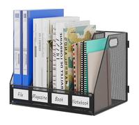EasyPAG Desktop Metal A4 4 Compartments Magazine File Holder,Mesh Desk Tidy,Office Document Literature Ring Binder Paper Organiser,Filing Rack,Black