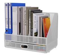 EasyPAG Desktop Metal A4 Magazine File Holder Mesh Desk Tidy Office Literature Document Ring Binder Paper Organiser Filing Rack with Drawer,5 Compartments,White