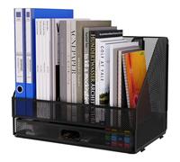 EasyPAG Desktop Metal A4 Magazine File Holder Mesh Desk Tidy Office Literature Document Ring Binder Paper Organiser Filing Rack with Drawer,5 Compartments,Black
