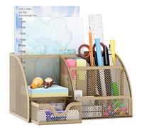 EasyPAG Mesh Desk Organizer Office Supplies Caddy 6 Compartments with Drawer,Gold