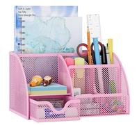 EasyPAG Mesh Desk Organizer Pencil Holder Accessories Storage with Drawer for Paper and Office Supplies (6-Compartment, Pink)