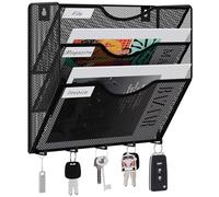 EasyPAG Metal 3 Tier A4 Wall Mounted Document Holder,Hanging Wall File Organiser,Pigeon Holes Storage,Filing Tray,Wall Pocket,Magazine Rack with 5 Hooks for Office & Home,Black