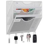 EasyPAG Metal 3 Tier A4 Wall Mounted Document Holder,Hanging Wall File Organiser,Pigeon Holes Storage,Filing Tray,Wall Pocket,Magazine Rack with 5 Hooks for Office & Home,White