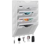 EasyPAG Metal 5 Tier A4 Wall Mounted Document Holder,Hanging Wall File Organiser,Pigeon Holes Storage,Filing Tray,Wall Pocket,Magazine Rack with 5 Hooks for Office & Home,White