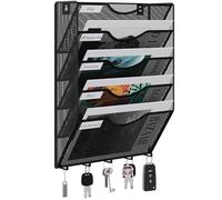 EasyPAG Metal 5 Tier A4 Wall Mounted Document Holder,Hanging Wall File Organiser,Pigeon Holes Storage,Filing Tray,Wall Pocket,Magazine Rack with 5 Hooks for Office & Home,Black