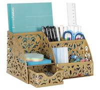 EasyPAG Office Desk Organiser 5 Compartments Desktop Accessories Caddy with Drawer, Gold