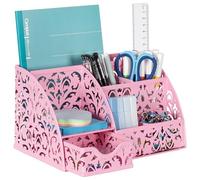 EasyPAG Office Desk Organiser 5 Compartments Desktop Accessories Caddy with Drawer, Rose Gold