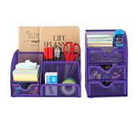 EasyPAG Office Mesh Desk Tidy 2 Piece Organiser Set - Versatile Desktop Stationery Holder and 3 Tier Small Drawer Storage,Purple