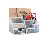 EasyPAG Office Mesh Desk Tidy Versatile Stationery Storage Desktop Organiser Pen Holder with Drawer,White