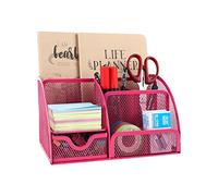 EasyPAG Office Mesh Desk Tidy Versatile Stationery Storage Desktop Organiser Pen Holder with Drawer,Pink