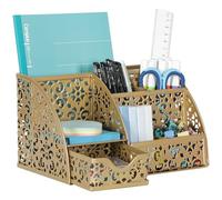 EasyPAG Office Metal Desk Organiser 6 Compartments + Drawer Mixed Pattern Design, Gold