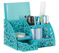 EasyPAG Office Metal Desk Tidy Versatile Stationery Storage Desktop Sticky Note Organiser Pen Holder with Drawer,Turquoise