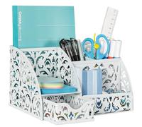 EasyPAG Office Metal Desk Tidy Versatile Stationery Storage Desktop Sticky Note Organiser Pen Holder with Drawer,White