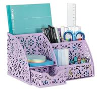 EasyPAG Pen Holder Desk Organizer with Drawer Pencil Cup for Desk 6 Compartments Metal Office Caddy Storage with Sticky Notes Holder for School Home Office, Purple