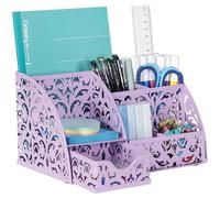 EasyPAG Pen Holder Desk Organizer with Drawer Pencil Cup for Desk 6 Compartments Metal Office Caddy Storage with Sticky Notes Holder for School Home Office, Purple